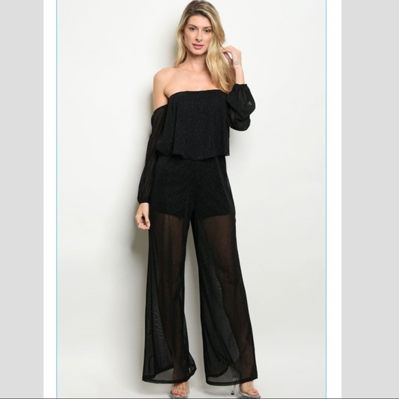 Pants - NWT Sexy Sheer Black Long Off Shoulder Romper